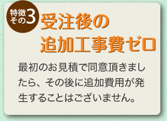 受注後の追加工事費ゼロ：契約した見積金額に追加はゼロ